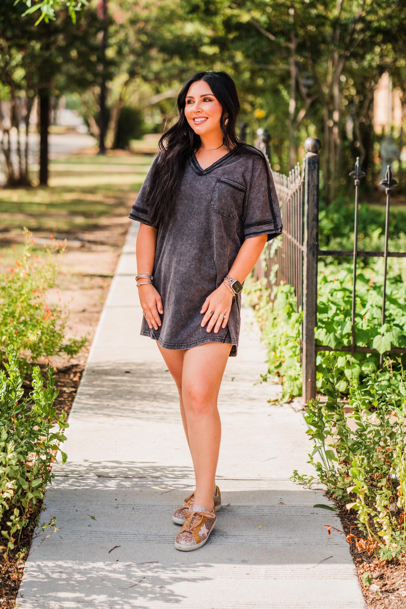 Oversized Black Washed T-shirt Knit Dress