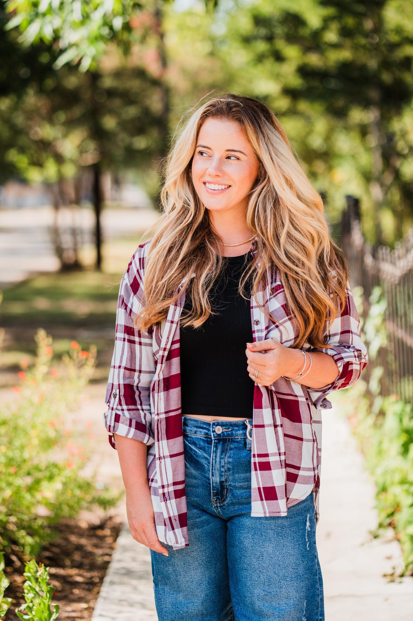 Burgundy and White Lightweight Plaid Button Shirt