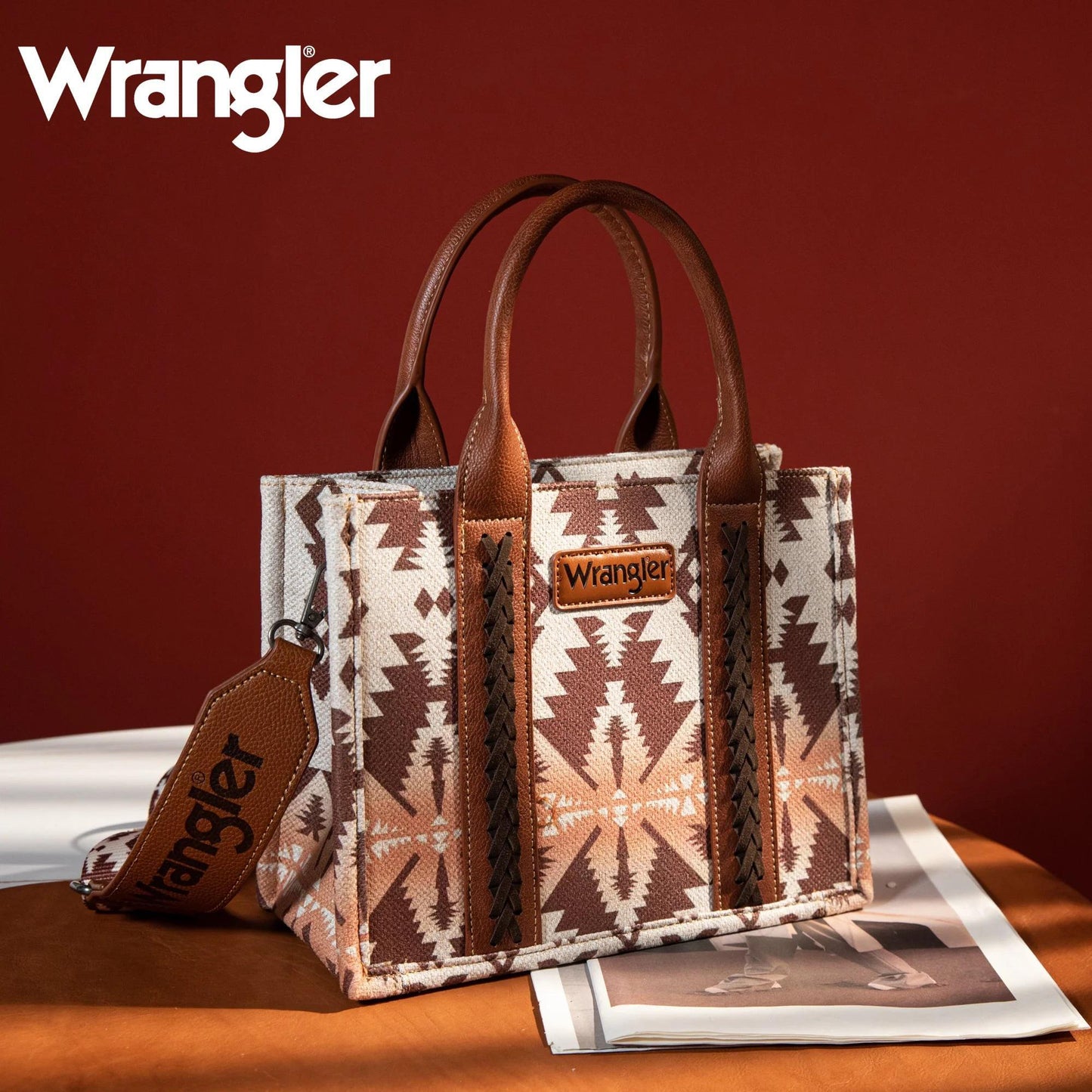 Light Coffee Southwestern Print Small Canvas Tote/Crossbody by Wrangler