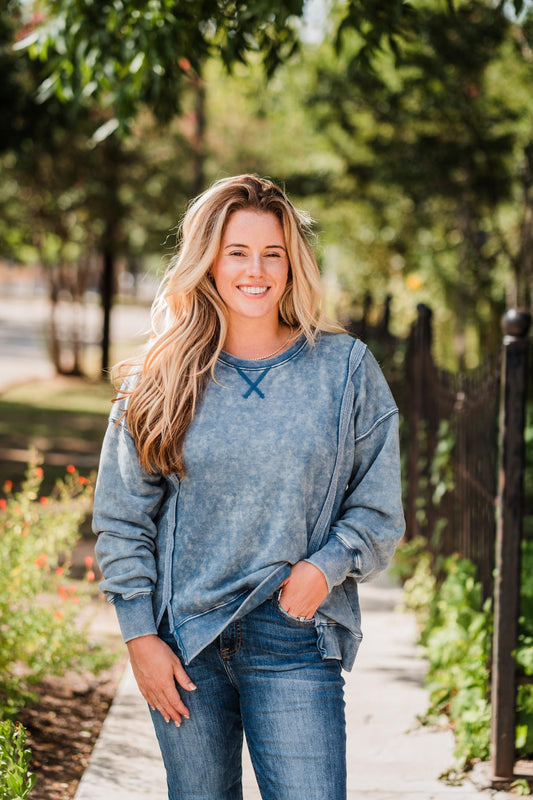 Denim Blue Mineral Washed French Terry Oversized Top by Very J