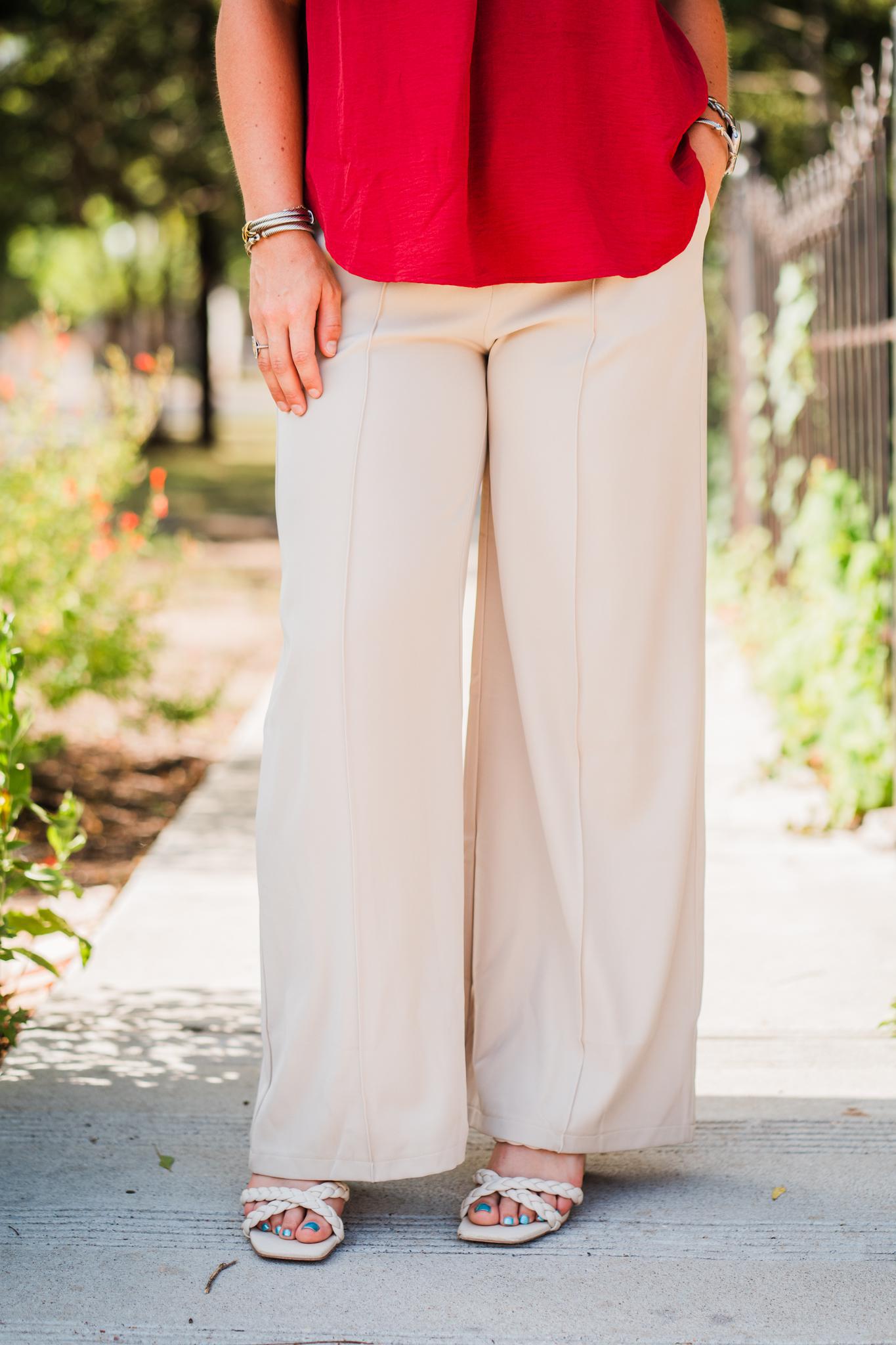 Ecru Wide Leg Woven Pants with PinTuck and Side Pockets