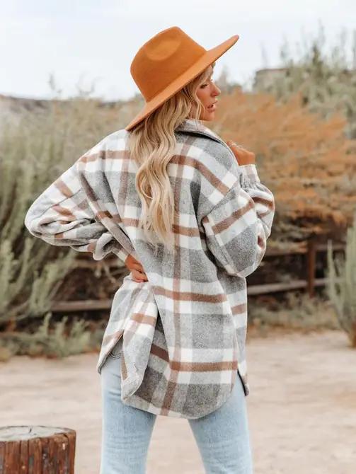 Khaki & Grey Plaid Button Down Flannel Shacket