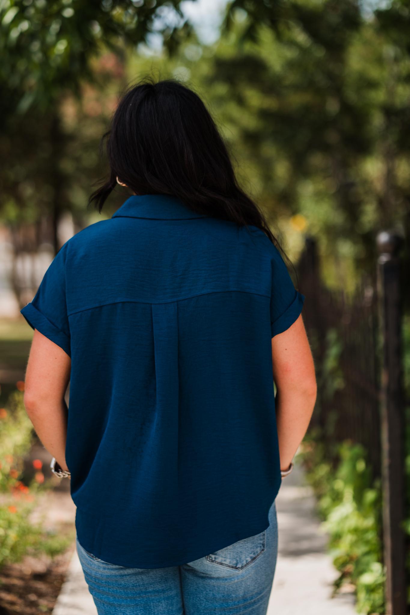 Teal Blue Drop Shoulder Woven Top