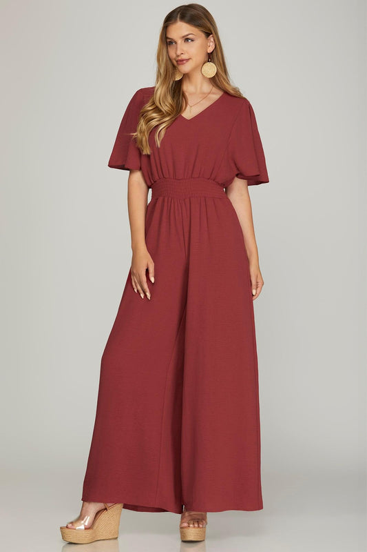 Red Brick Flounce Smock Woven Jumpsuit