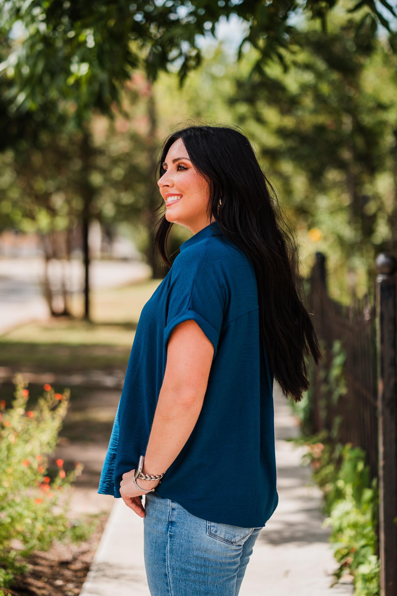 Teal Blue Drop Shoulder Woven Top