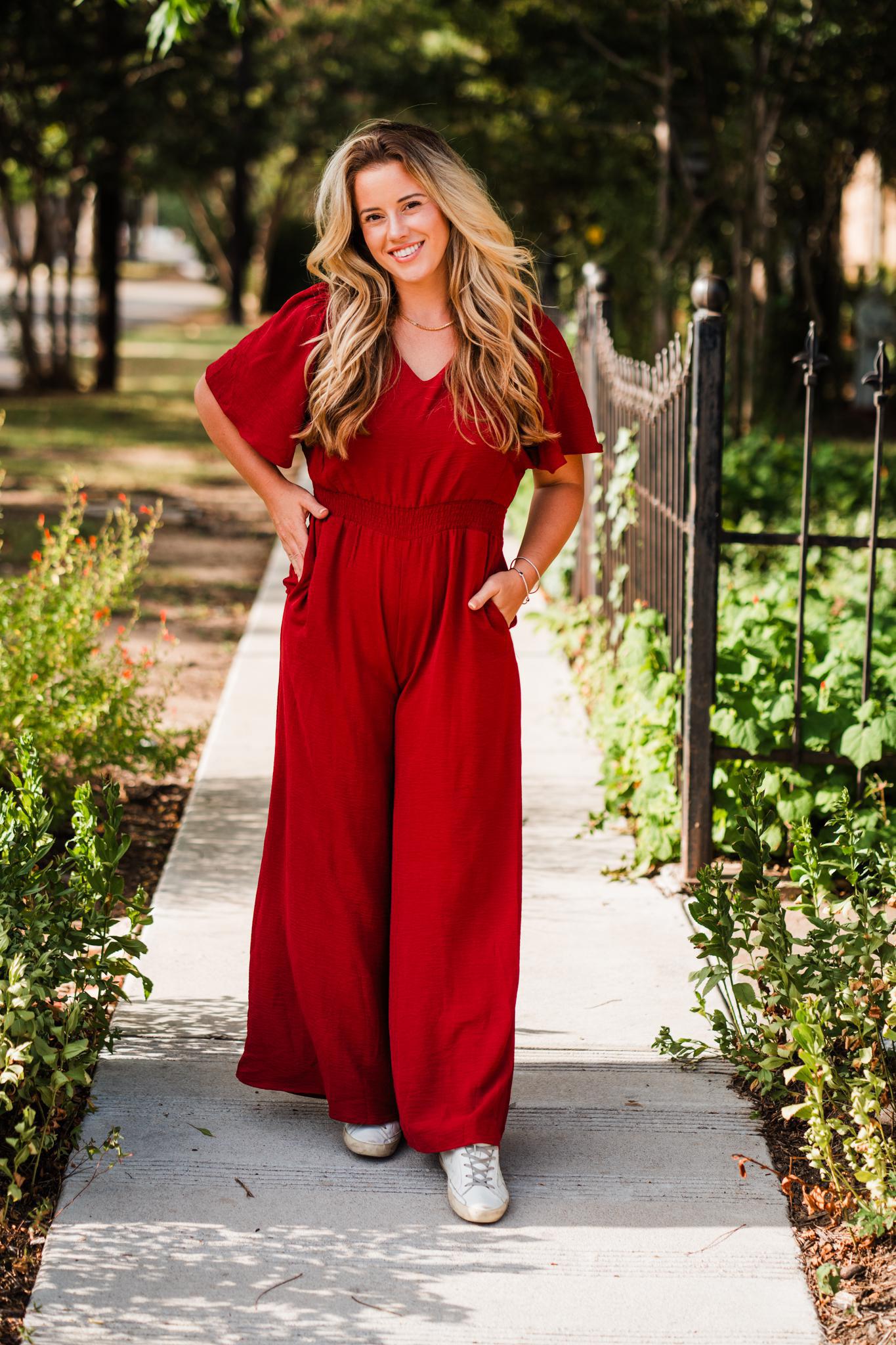 Red Brick Flounce Smock Woven Jumpsuit