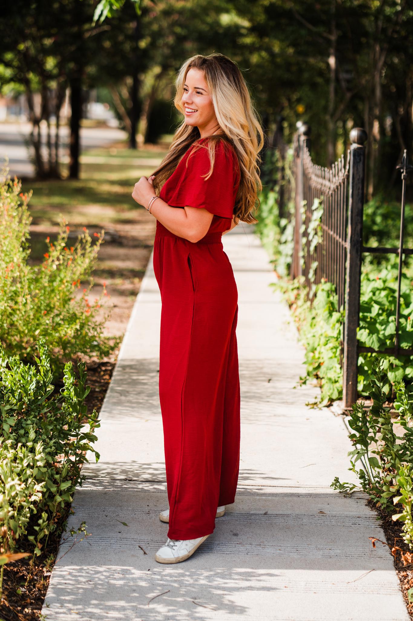 Red Brick Flounce Smock Woven Jumpsuit