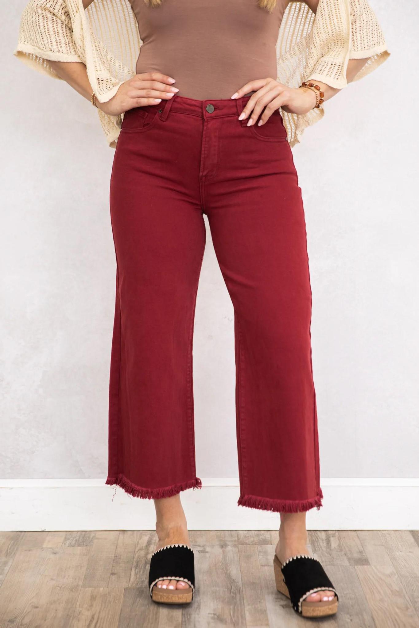 Risen Wine Colored High Rise Tummy Control Cropped Wide Pants