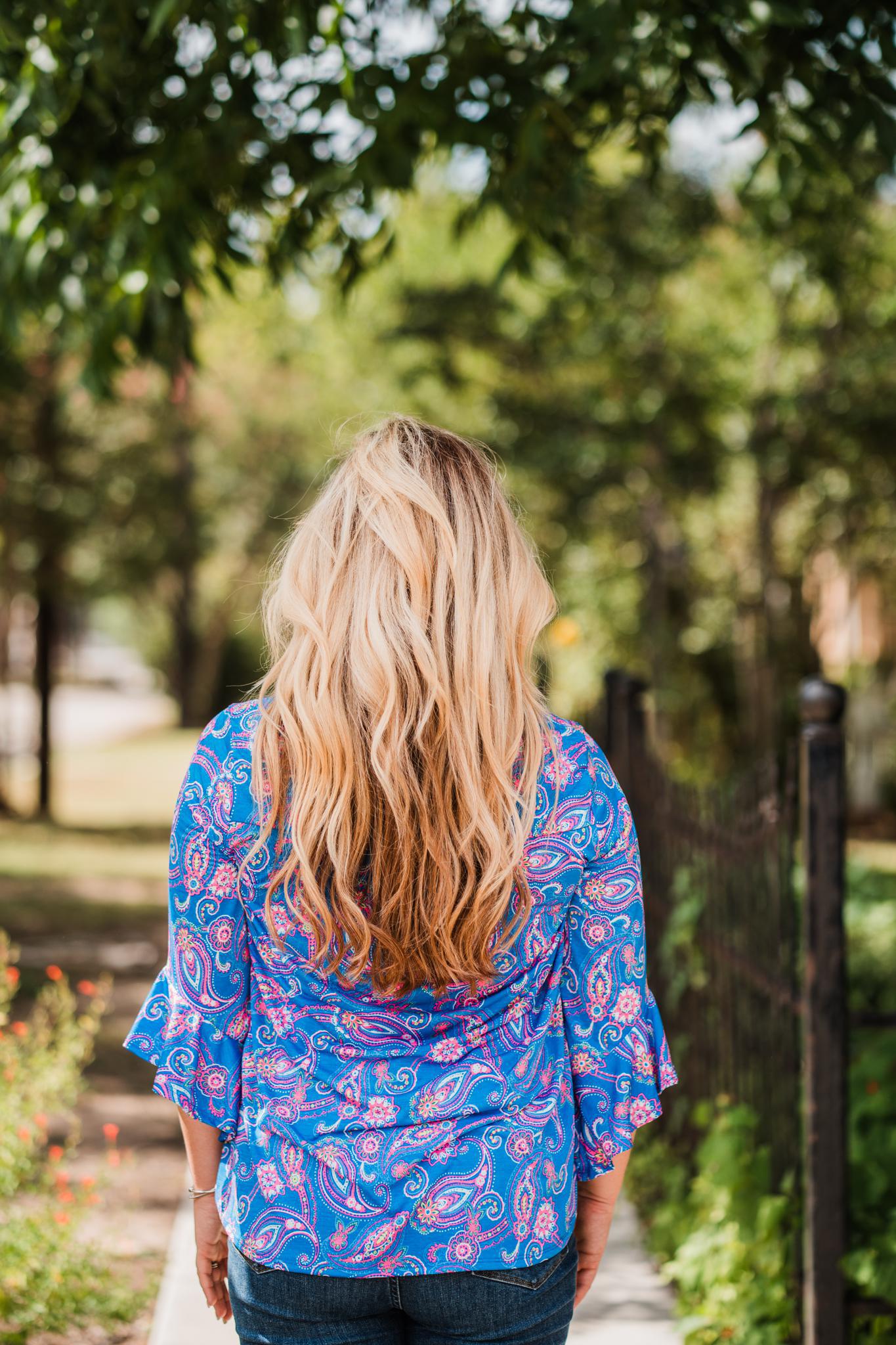 Dear Scarlett Royal Blue Medallion Print Bell Sleeve Top