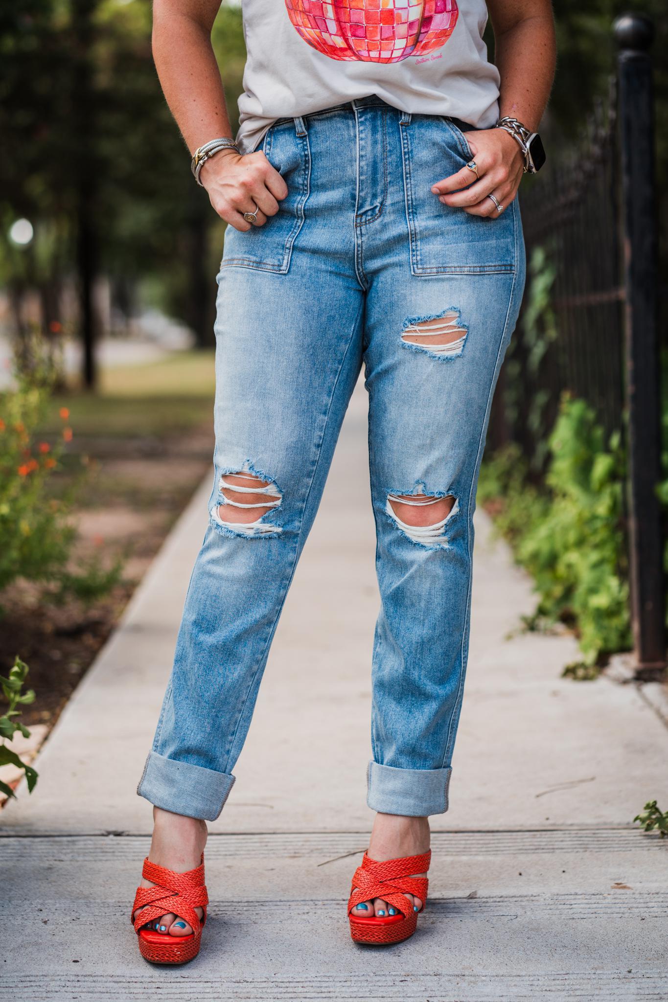 Boyfriend High Waisted Utility Pocket Distressed Jeans by Judy Blue