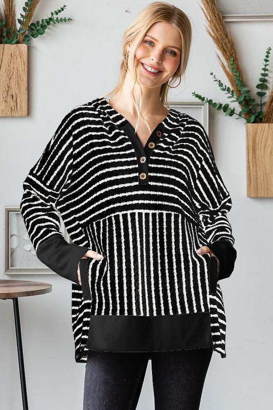 Black & Cream Striped Hooded Top by Heimish