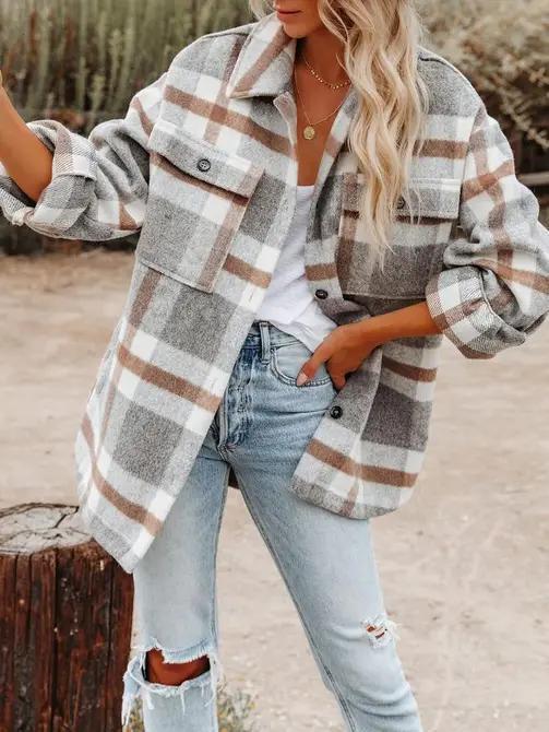 Khaki & Grey Plaid Button Down Flannel Shacket