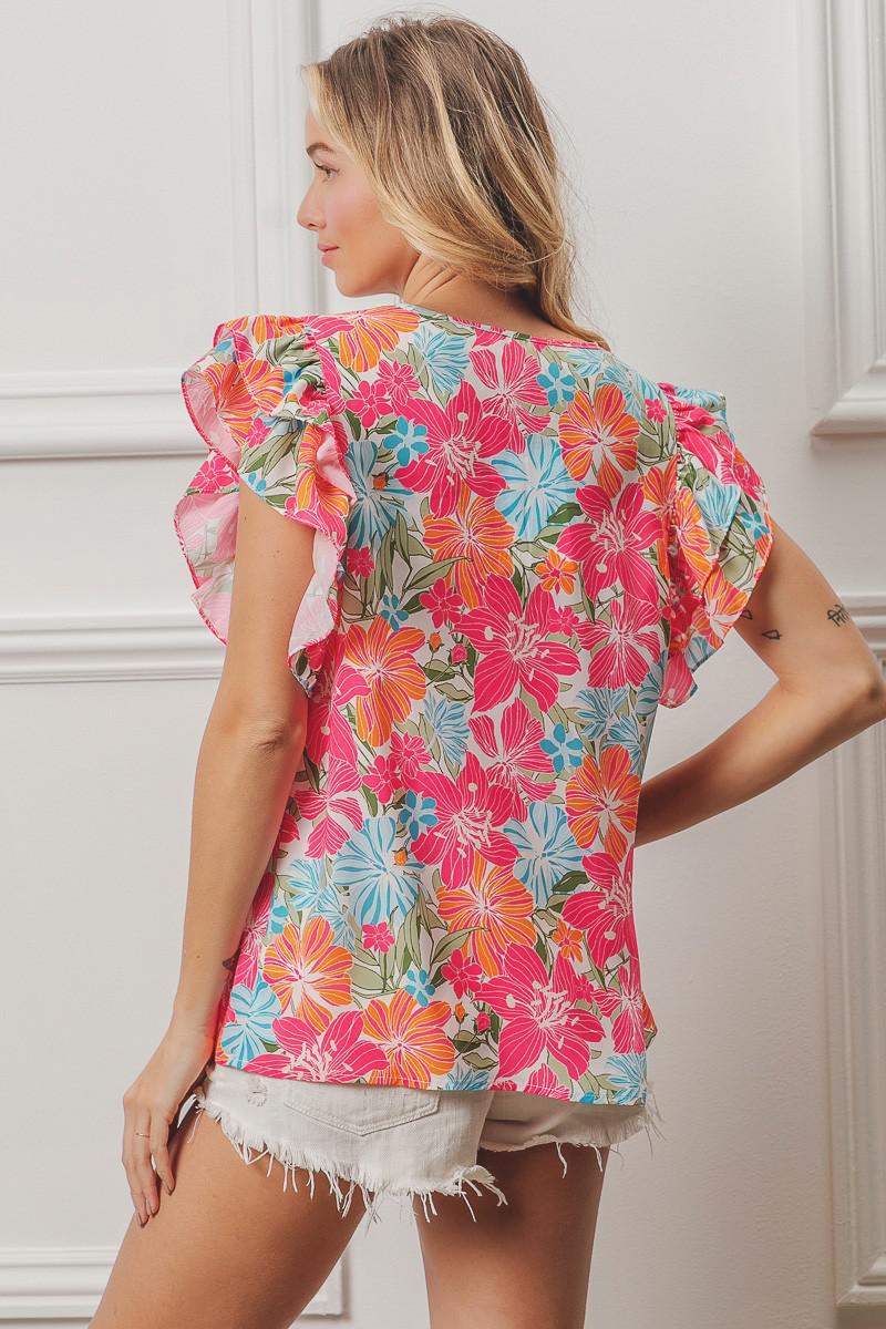 Floral Printed Smocked Ruffled Sleeve V-Neck Top by BiBi