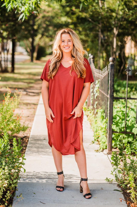 Red Brown V-Neck T-Shirt Dress