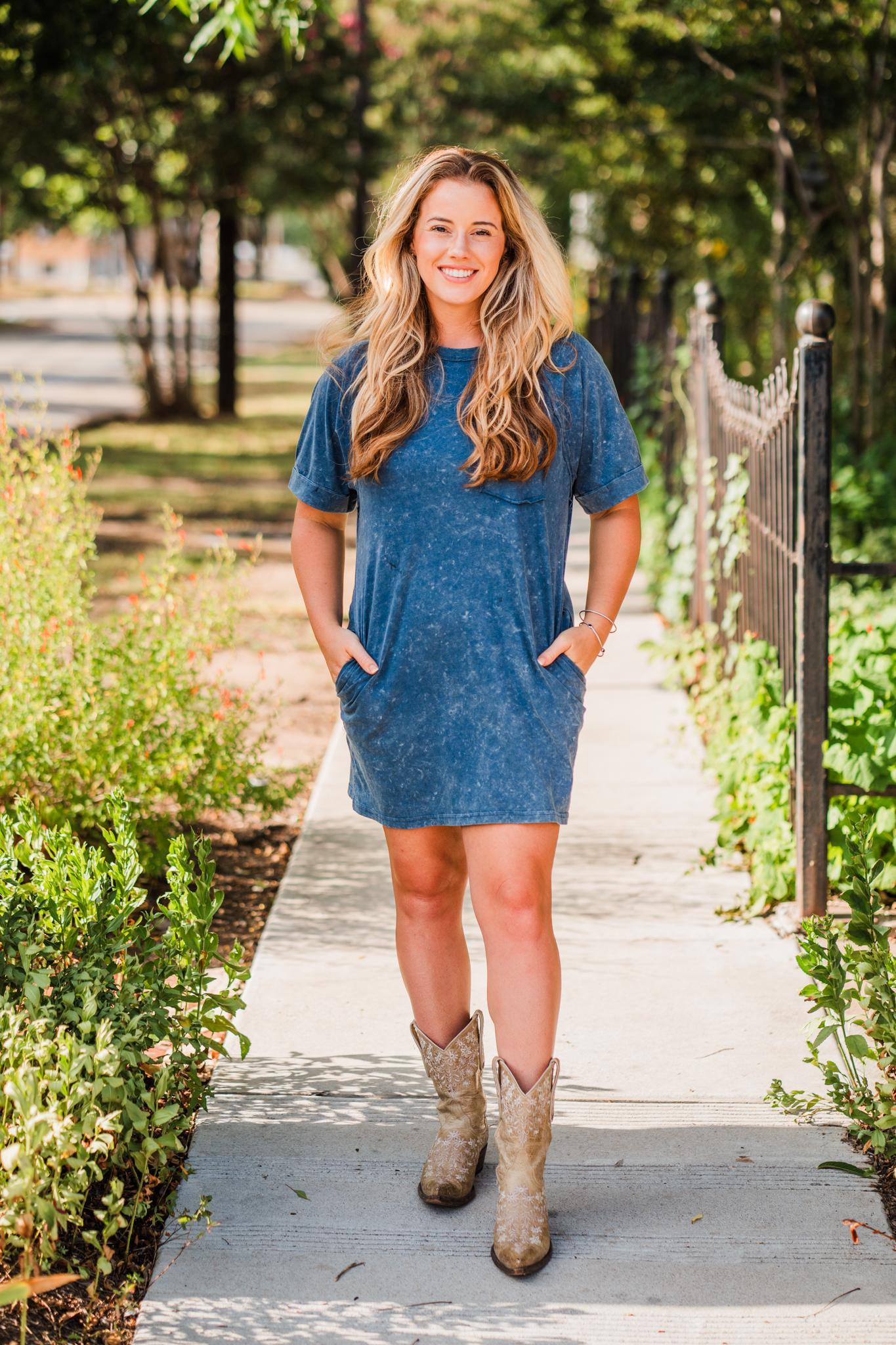 Denim Blue Crew Neck Oversized Washed Knit Dress